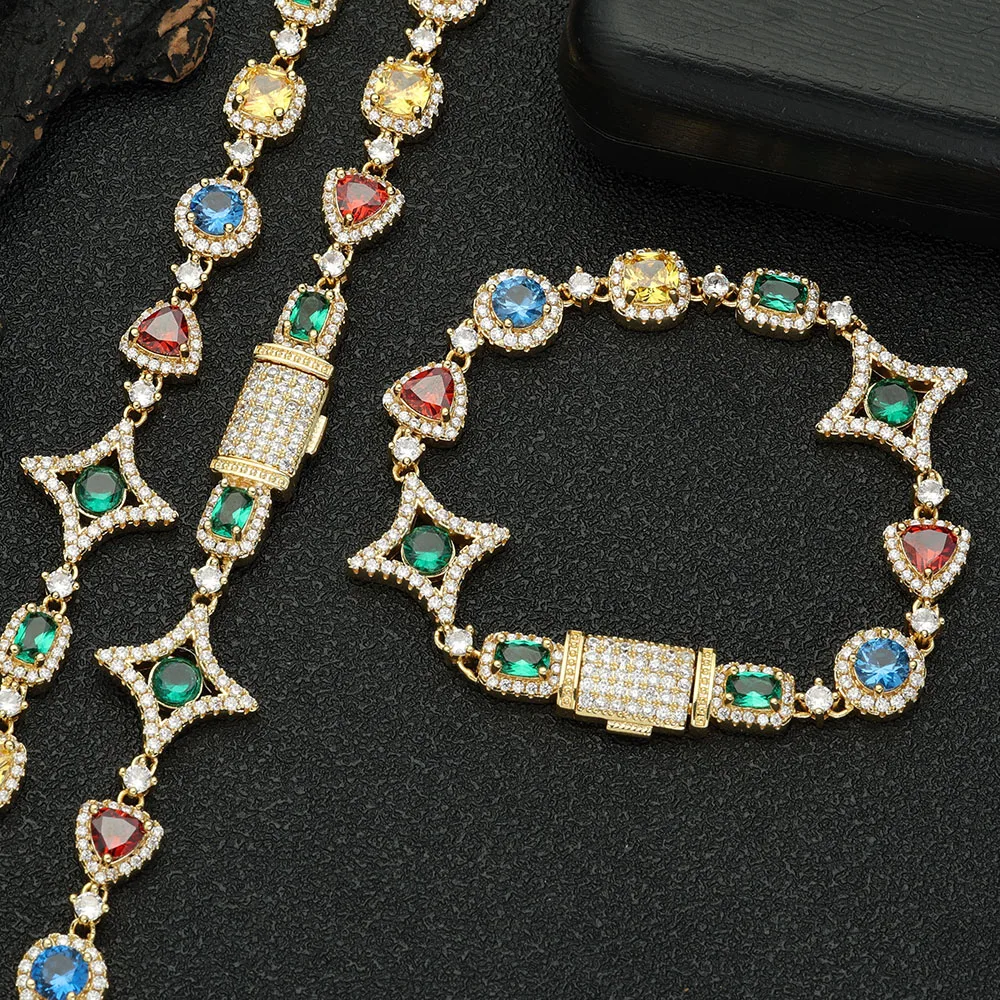 Boutique Fashion Design Cluster Colorful Brass Cube Zircon Tennis Chain Necklace Women Men Party Gift Hip Hop Jewelry  ﻿