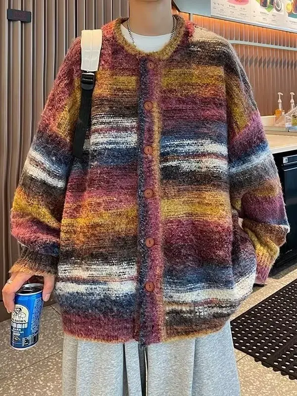 

Retro Color Blo Knit Sweater Men's Loose Striped adient Cardigan Coat Korean Sle Casual Autumn Winter Lazy Faion