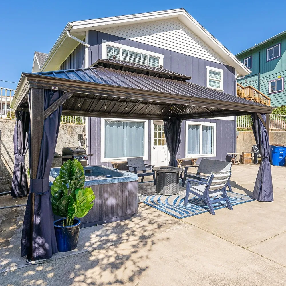 

12' X 16' Permanent Hardtop Gazebo for Patio with Netting and Curtains Deck Backyard Heavy Duty Sunshade Metal Roof All Weather