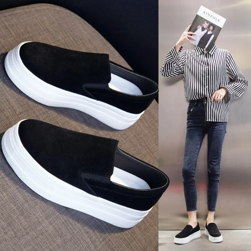 Shoes for Women Spring Leisure Sneakers New Womens Lazy Footwear Lightweight Thick Sole Genuine Leather Board Shoes Platform