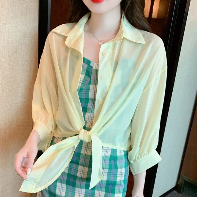 

Casual Solid Female Shirts Outwear Women Tops 2023 Chiffon Blouse Office Lady V-neck Button Loose Clothing New Chic 26969