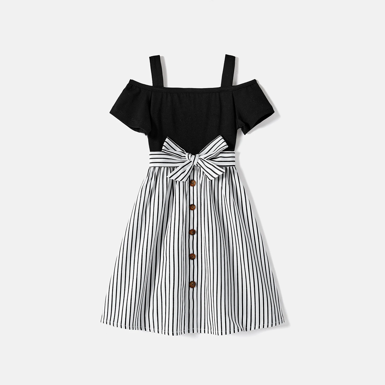 PatPat Family Matching Cotton Striped Short-sleeve T-shirts and Off Shoulder Belted Spliced Dresses Sets