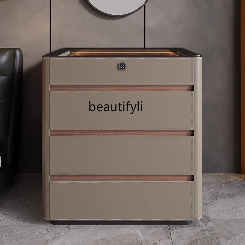 

Saddle leather bedroom chest cabinet light luxury bedside storage side cabinet fingerprint lock jewelry display storage cabinet