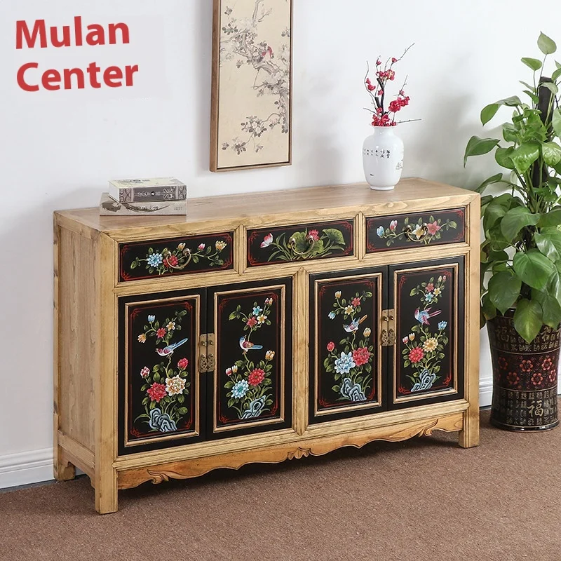 !@Antique Chinese Style Elm Shoe and Wine Cabinet Hand-Painted Wooden Side Cabinet Simple Mix-and-Match Home Furniture