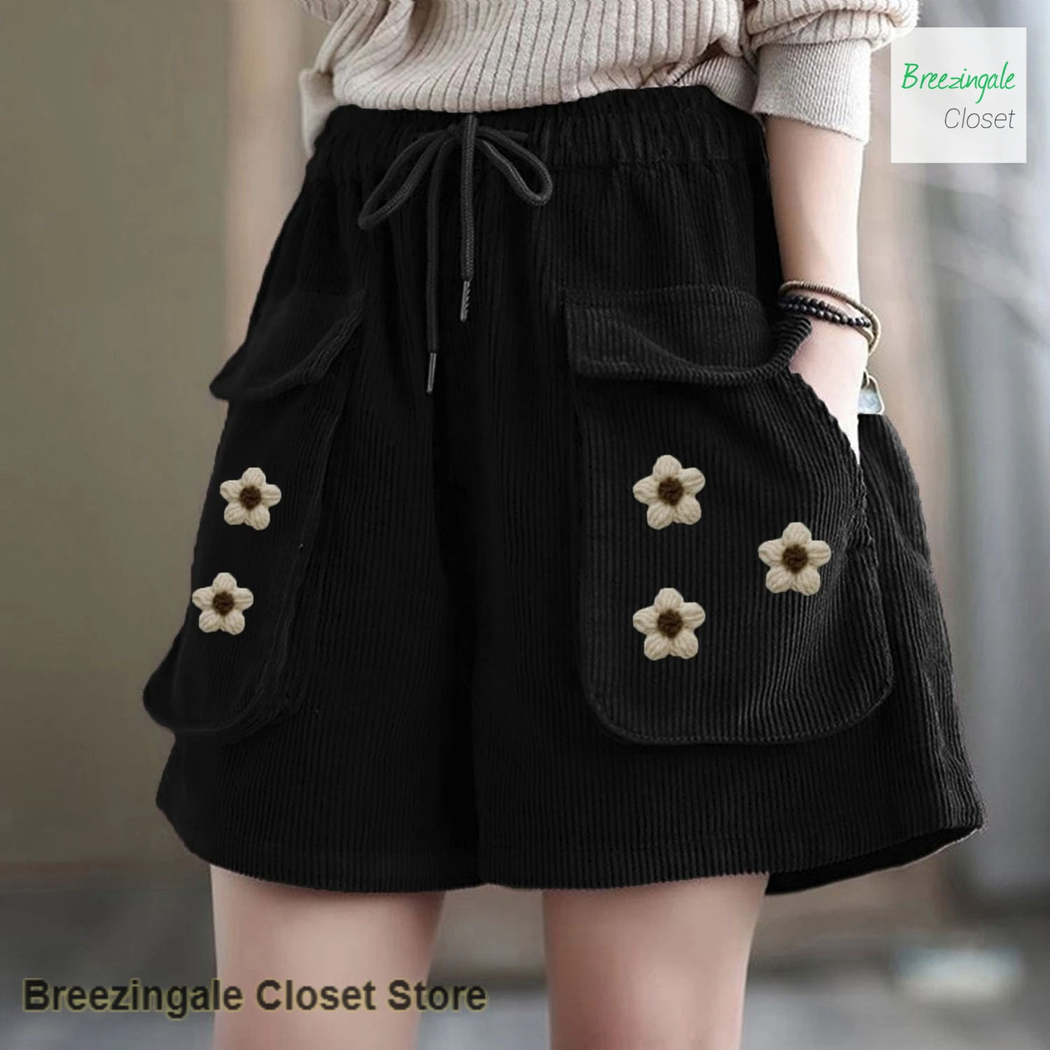 French extra-large corduroy shorts women's autumn and winter new loose Chinese style pocket crochet Joker casual wide legs.
