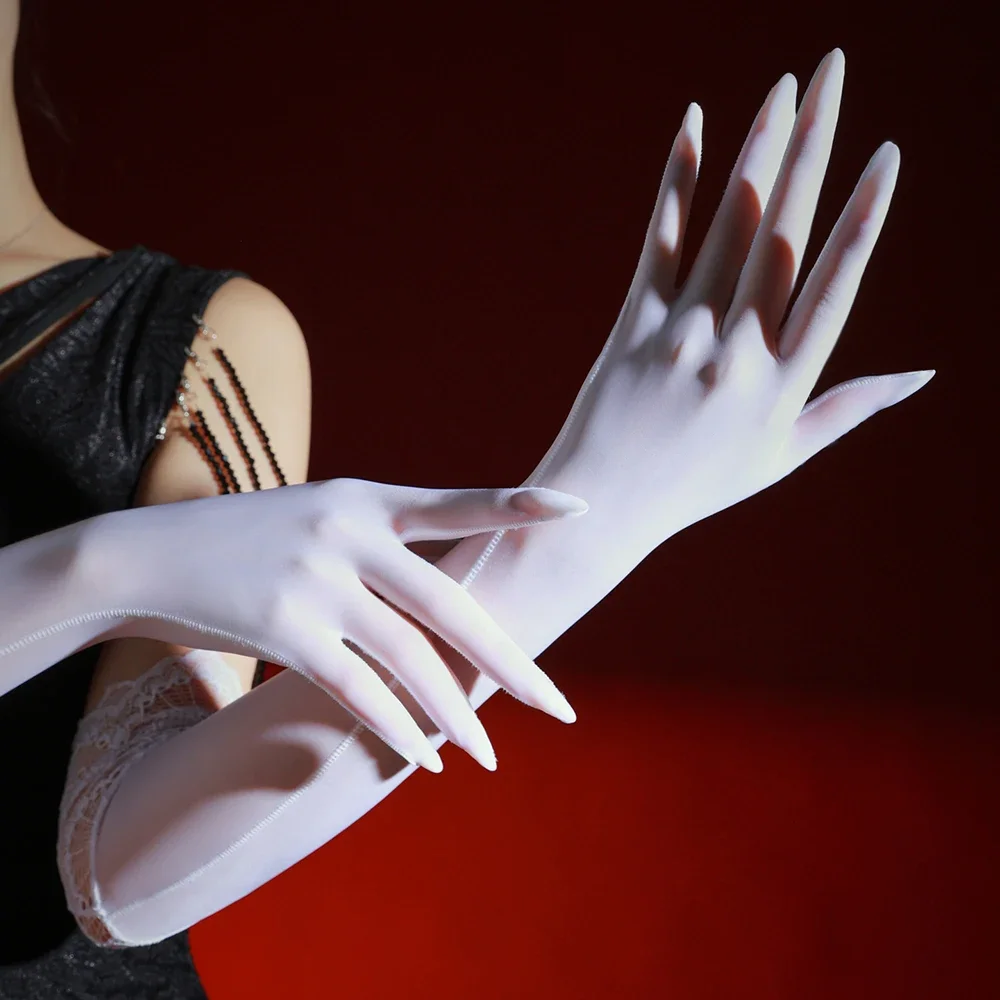 Women's Five Finger Gloves Fashion Lace Patchwork Oil Shiny Glossy High Elastic Driving Sunscreen Woman Elegant Party Long Glove