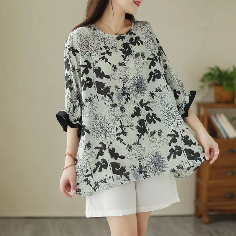 Temperament Printing Summer Round Neck Women's Cotton Hemp Asymmetric Patchwork Fashion Short Sleeve Loose Fitting Shirt Tops