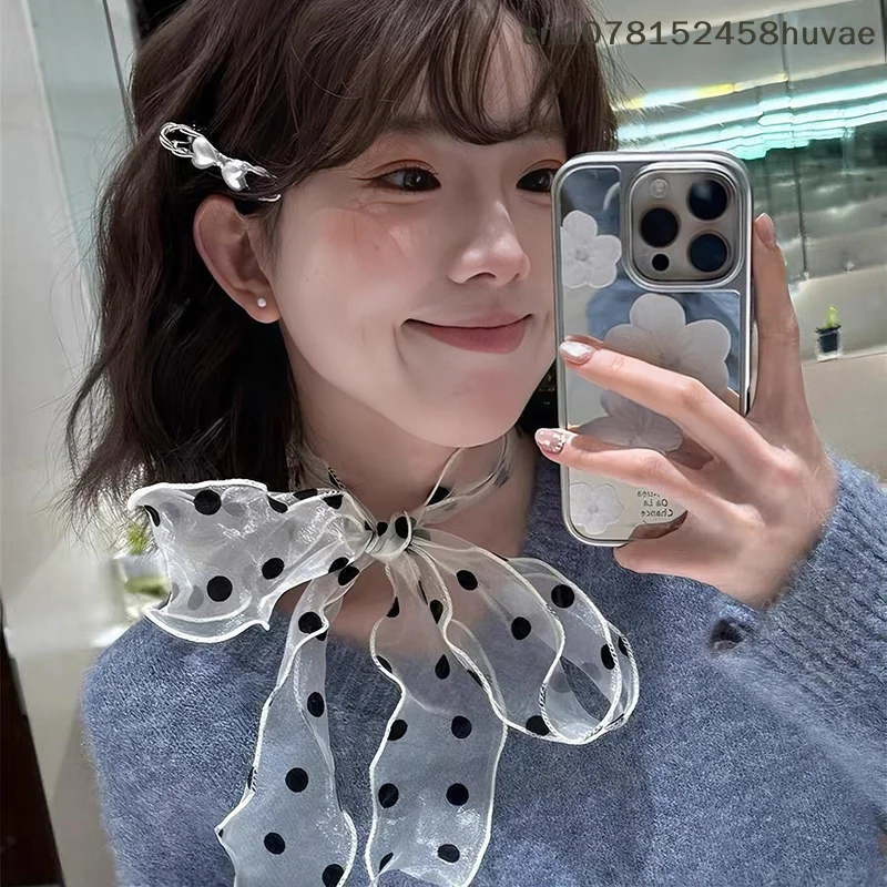 {MAX-66} Fashionable Lace Mesh Polka Dot Scarf For Women Summer Lightweight Sweet Versatile Neck Accessory With Ribbon