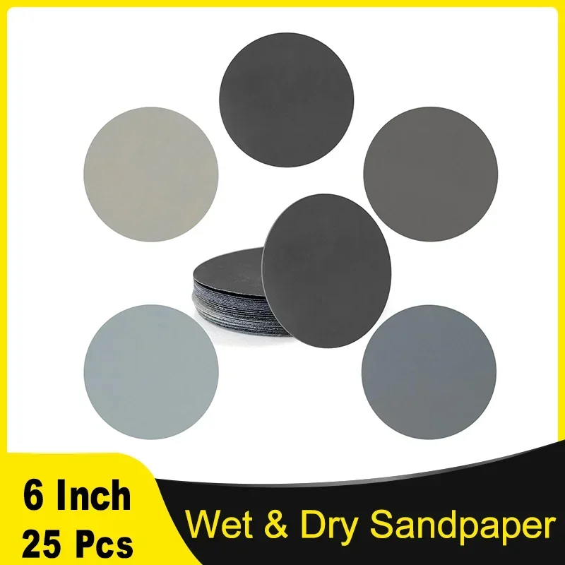 6 Inch Wet and Dry Sanding Paper Kit 25 Pcs Assorted Grit 1000-5000 Waterproof Silicon Carbide for Automotive Metal Sanding