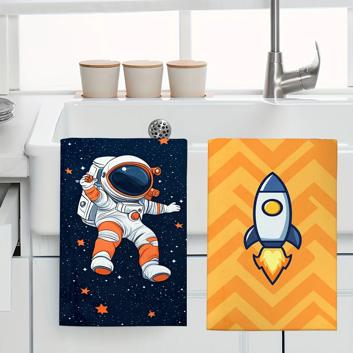 1pc Space Astronaut & Rocket Printed Scrub Cloth, Soft Absorbent Hand Towel, Perfect for Kitchen, Dining Room, Bathroom, Dorm