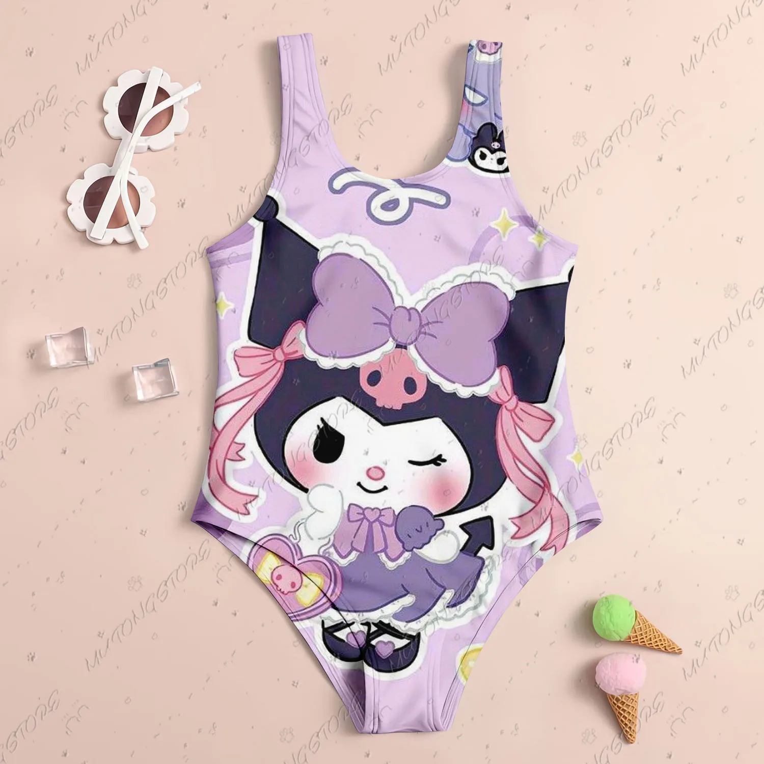 2025 New Cute Children One-Piece Swimsuit Sanrio Kuromi 3D Print Girl Women Swimsuit Soft Breathe Kids Summer Seaside Clothes