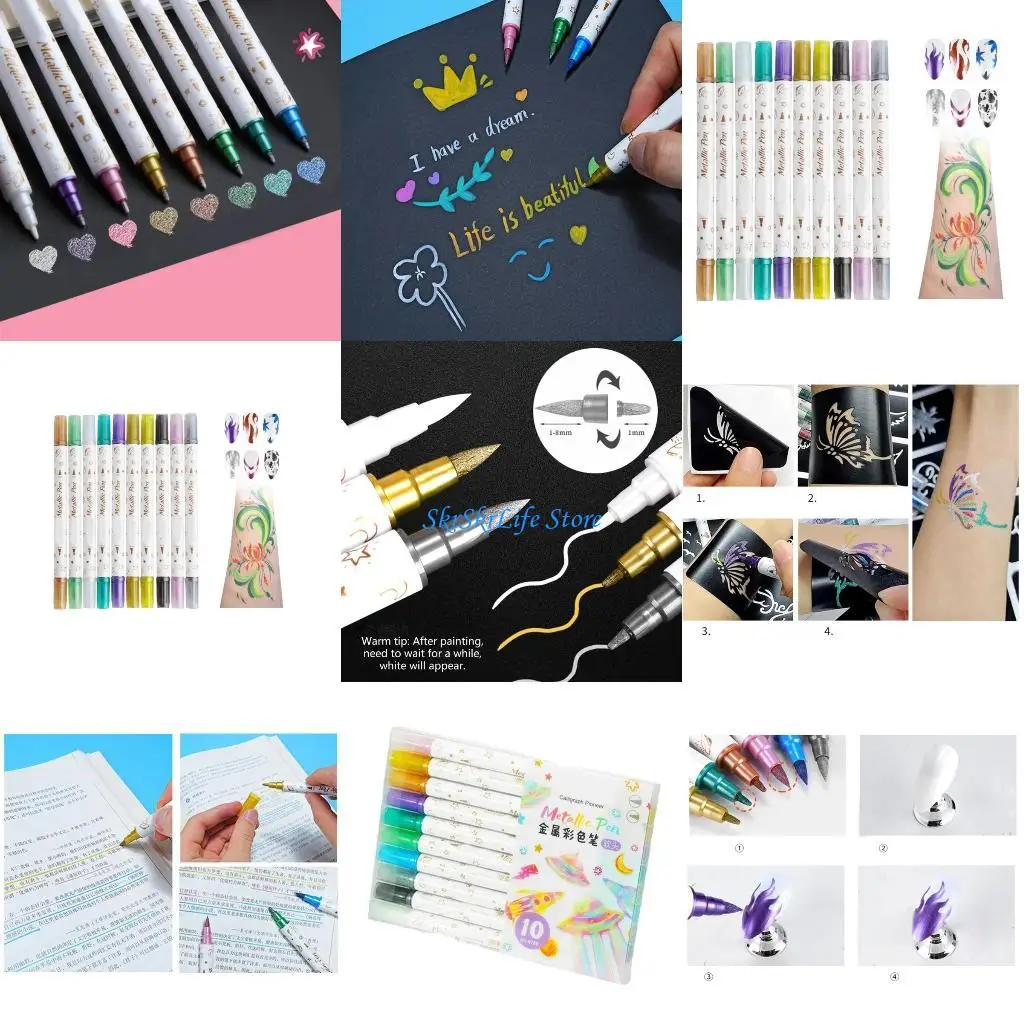 

E65E 10Pcs Double End Metallic Marker Pen Double Tip Metallic Marker Kid Art Set for Coloring Cards Making DIY Scrapbooking