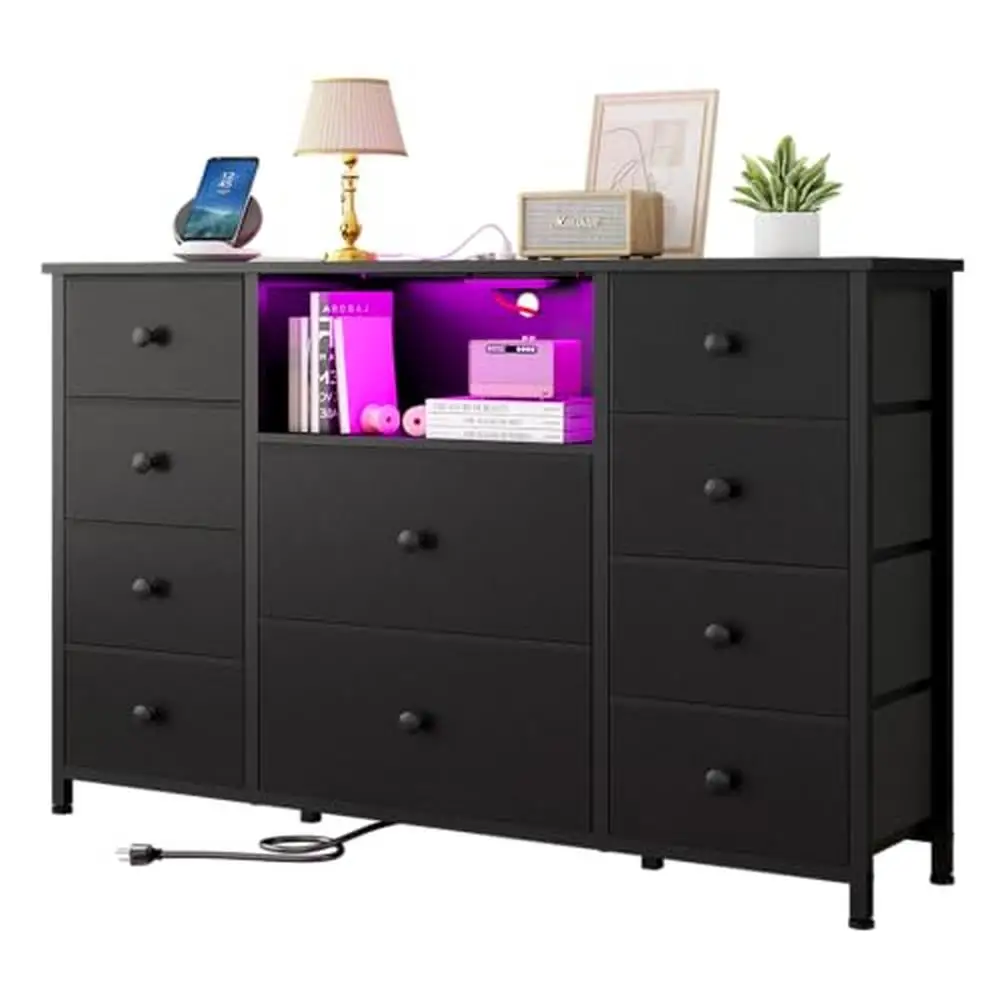 Fabric Chest of Drawers LED Lights Charging Station TV Stand 10 Drawers Bedroom Dresser Organizer Storage Unit Rustic Chic