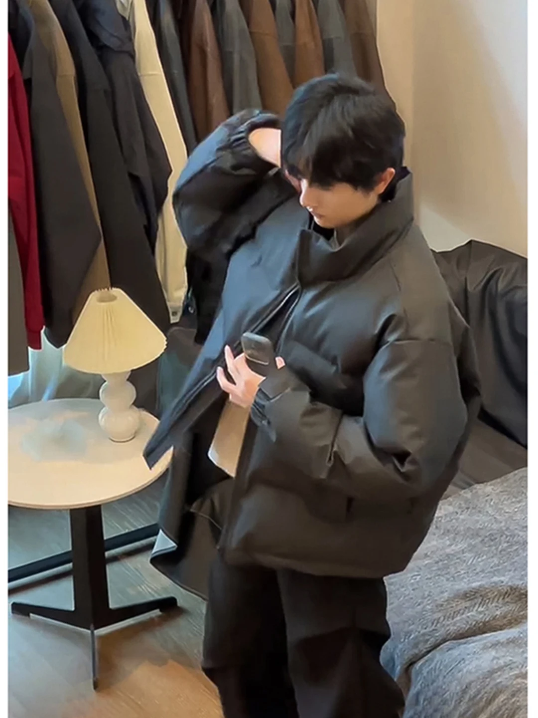 

Warmth Embroidered PU Leather down Cotton Jaet Men's Sle Winter Thiened Stand Collar Bread Sle American Warmth Trendy