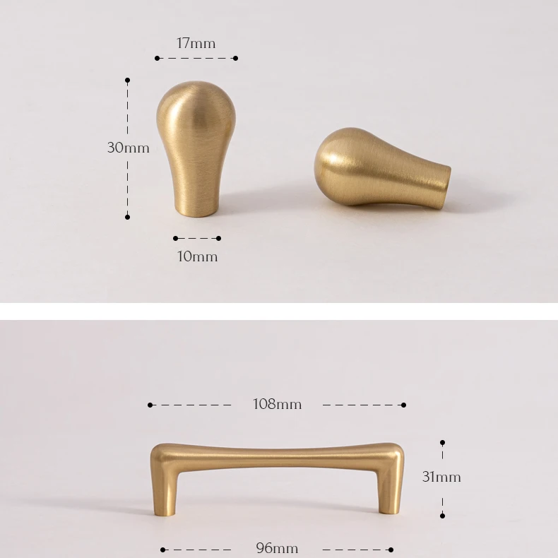 Brushed brass cupboard pull and teardrop knob shown in the supplier product illustration 25