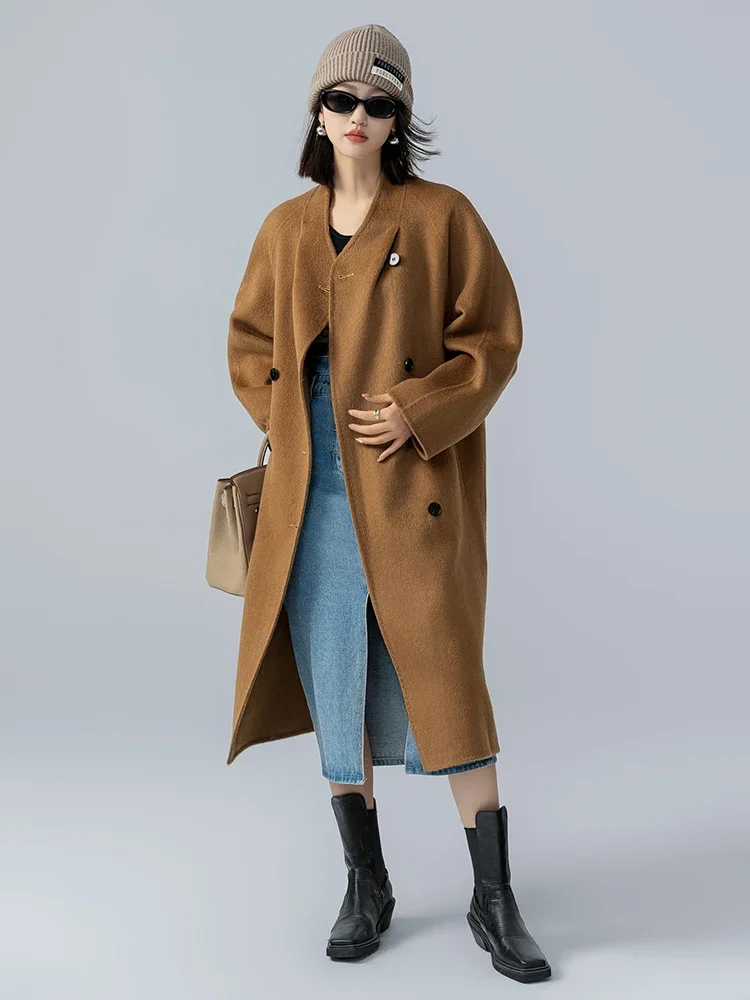 35% Camel Coat Autumn and Winter Thickening Handmade Double-Sided Woolen Wool Coat Stand Collar Fashion Women's Wear