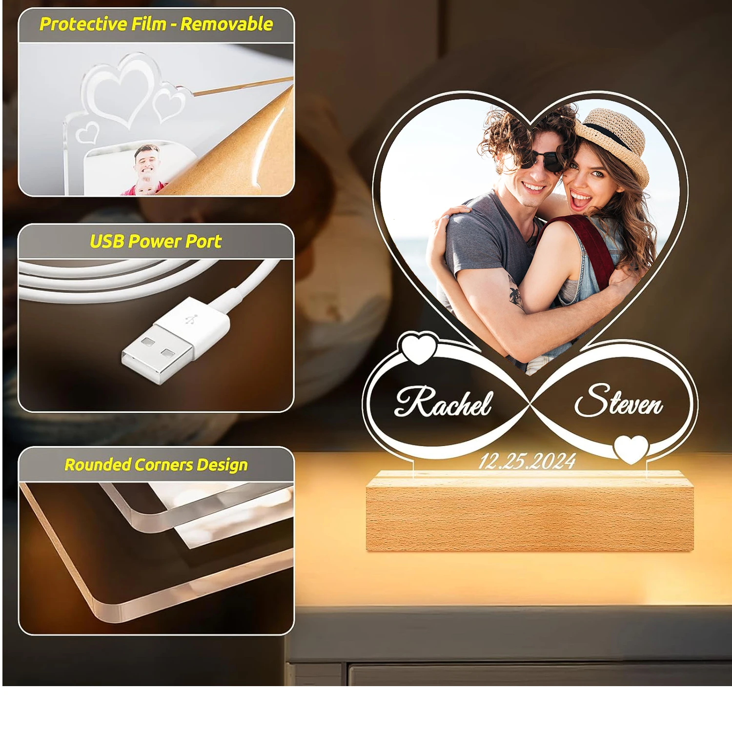 Personalisierte 3D-Foto-Acrylllampe, individueller Text, Nachtlicht, Schlafzimmer, Hochzeit, Valentinstag, Hochzeit, Jahrestag, Geburtstagsgeschenk