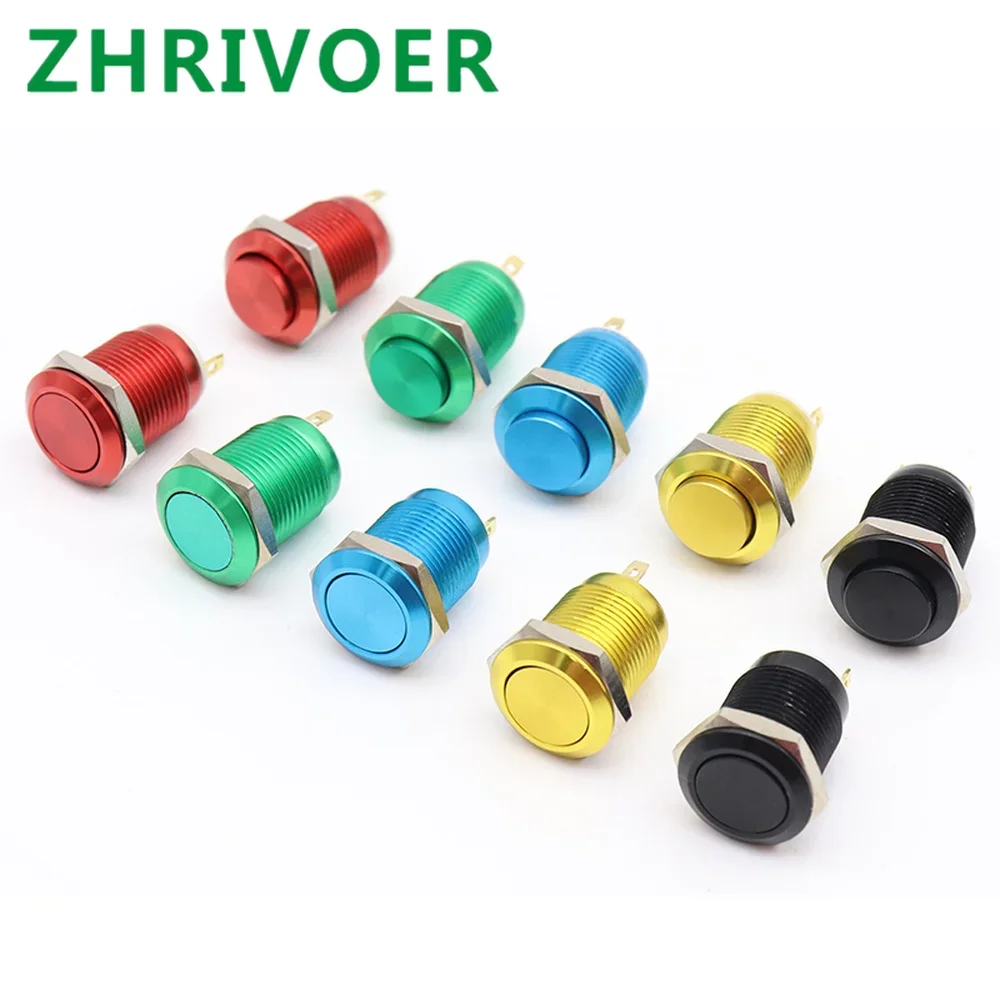 1pcs 12mm 2pin Metal Push Button Switch Color Oxidation  Flat/High Head Waterproof Self-reset/Momentary Normal Open Pin Terminal