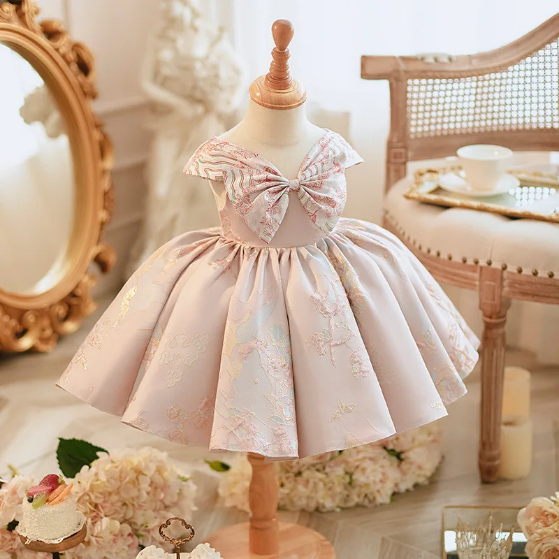 Robe tutu brodée rose fibre pour enfants, robes de princesse avec nœud, vêtements de performance pour enfants, robe de mariée pour filles