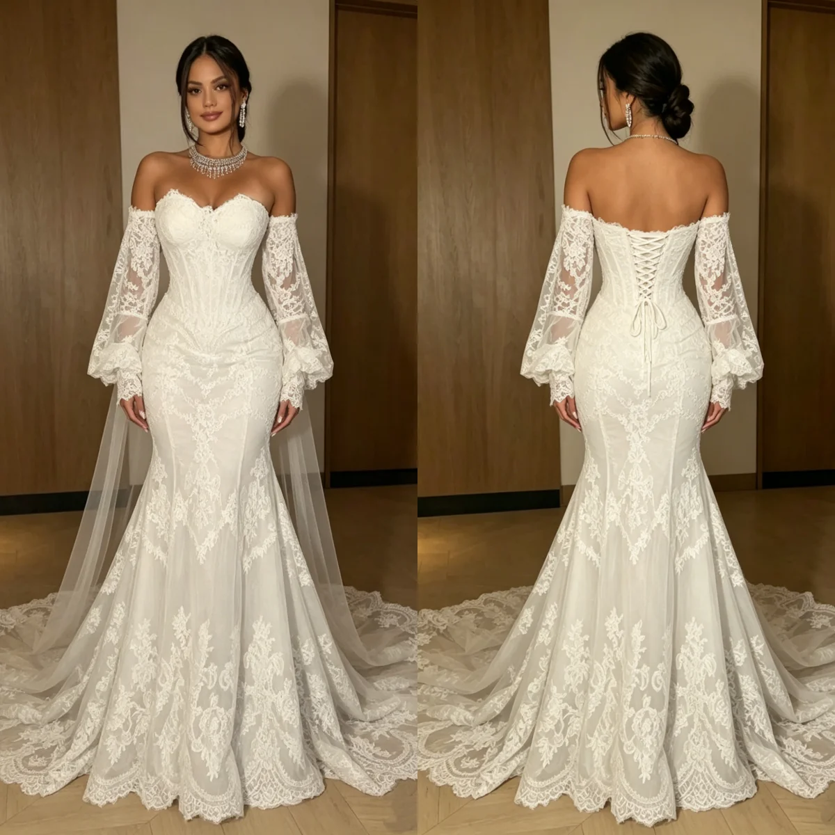 Robe de mariée sirène personnalisée 202 à épaules dénudées en dentelle, manches longues bouffantes, dos corseté, avec traîne cathédrale