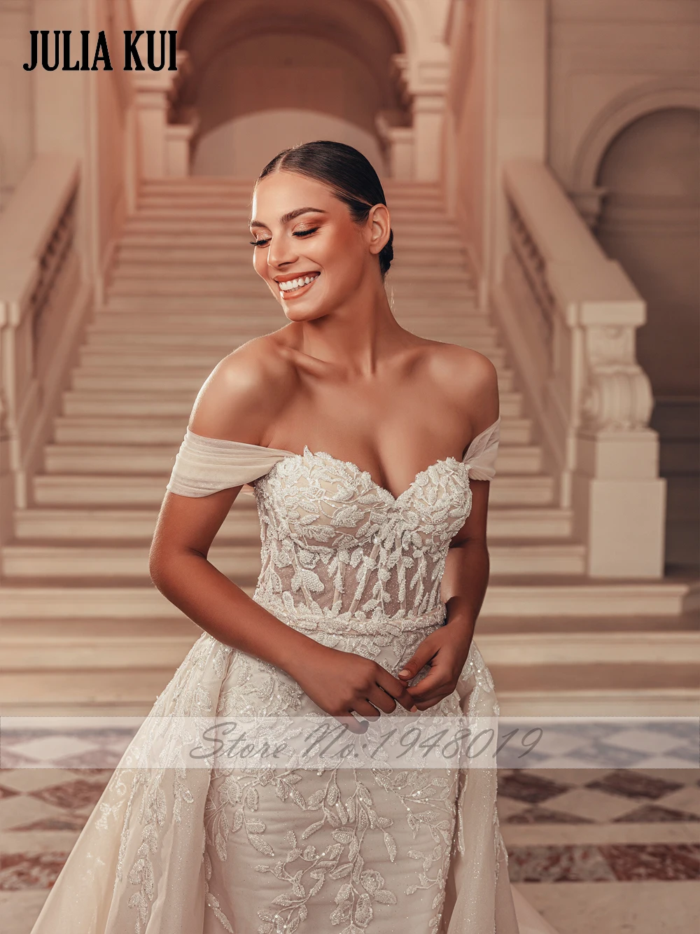 Vestidos de novia elegantes de tul brillante con hombros descubiertos, escote en forma de corazón, sirena, apliques bordados con cuentas, encaje, vestido de novia 2 en 1
