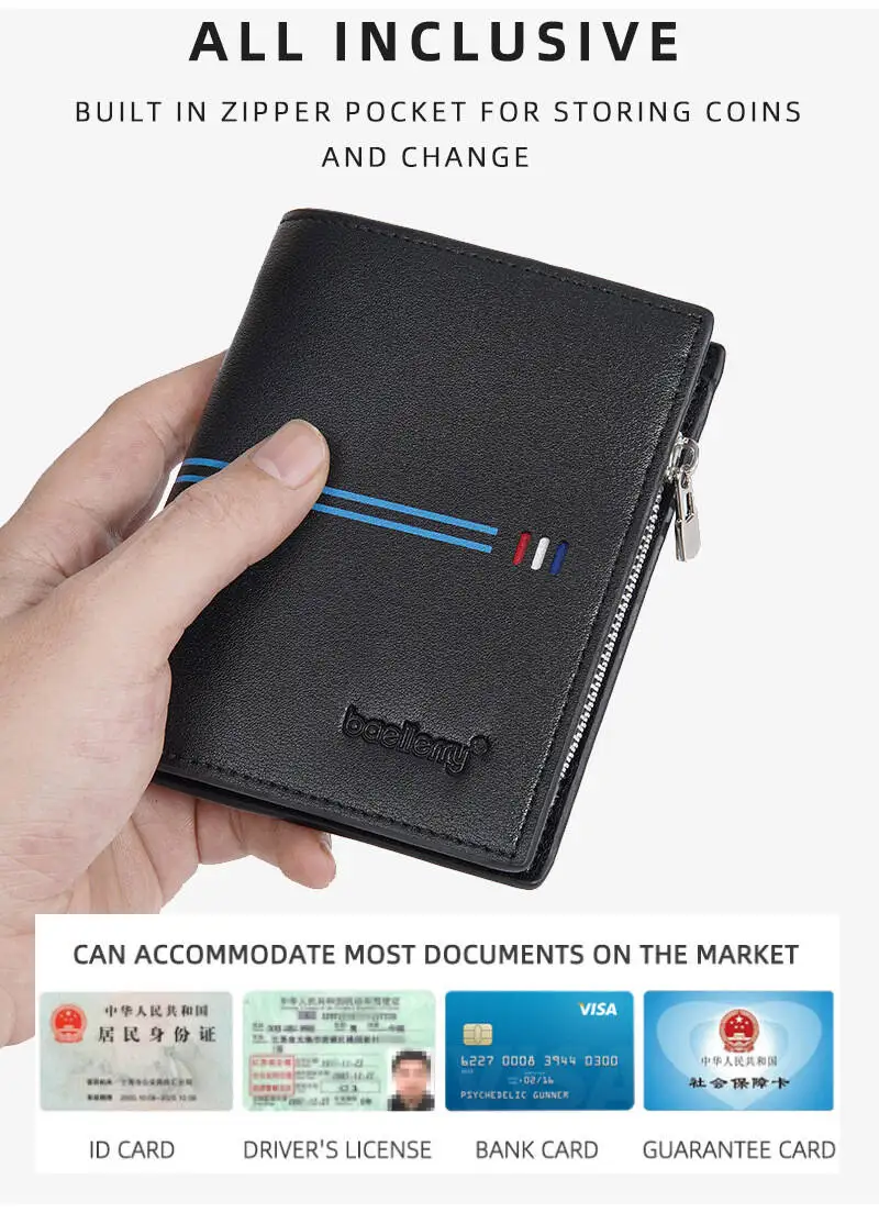 Baellerry Rfid High-end Shielded Wallet For Men, PU Leather Multi Card Holder With Zipper Closure 12 Slots Slim Design