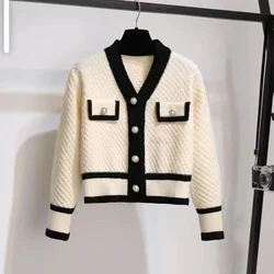 Autunno e inverno Top in maglia Color block Cardigan donna a maniche lunghe con scollo a v corto 2023 nuovo cappotto moda tutto-fiammifero Top