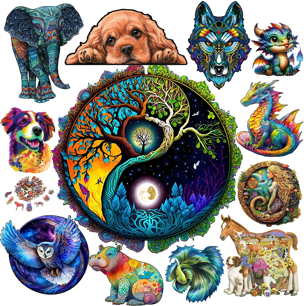 

DIY Wood Jigsaw for Kids Adult Yinyang Tree Elephant Wooden Animal Puzzle High Quality Hippopotamus Puzzles Brain Twister Toys