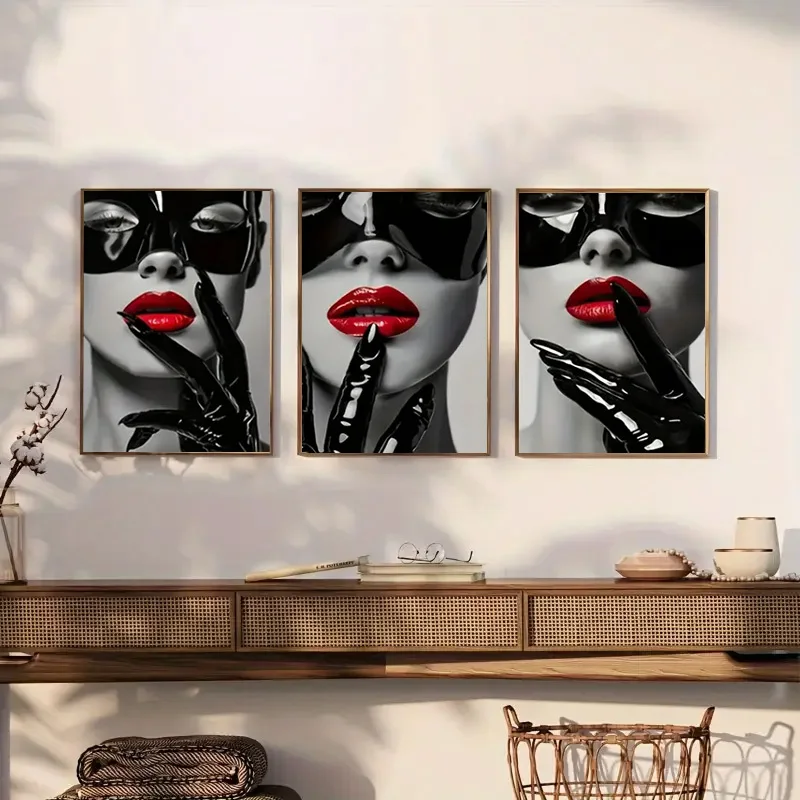 （NoFrame 3PCS）-2D Flat, 3pcs Modern Abstract Face Art - Red Lips & Black Gloves Female Portraits, Frameless Canvas Wall Poste