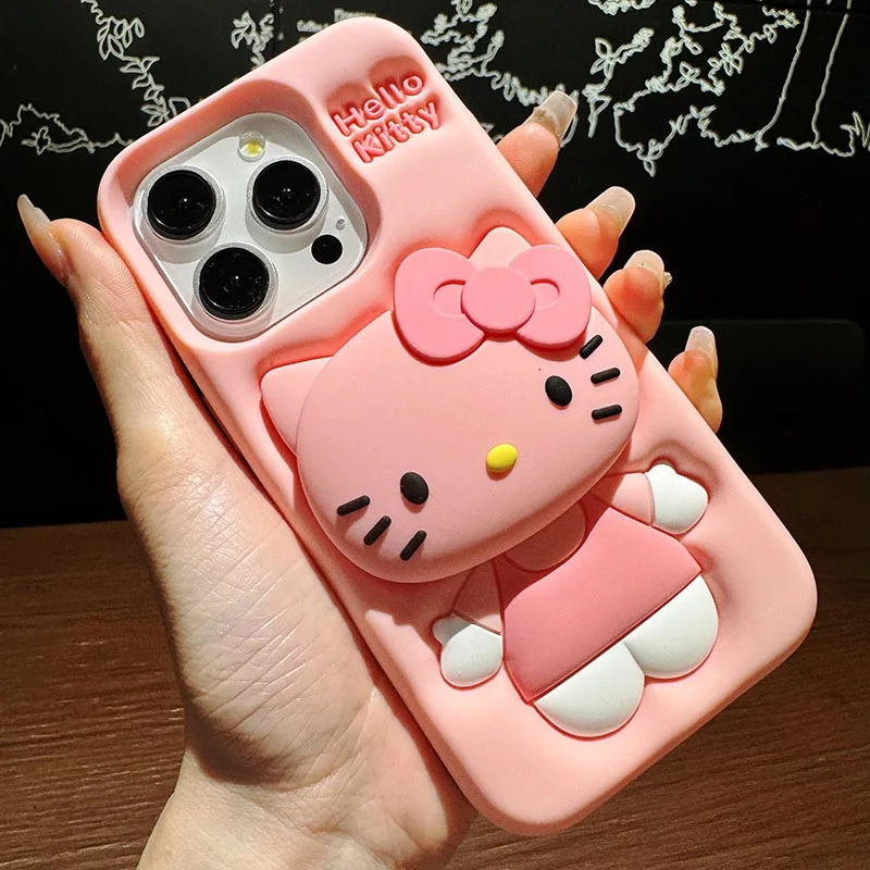 For iPhone 15 Pro Max 11 12 Pro 13 14 Pro Max 3D Sanrio Hello Kitty Face Scalable Holder Cartoon Silicone Soft Pink Phone Case