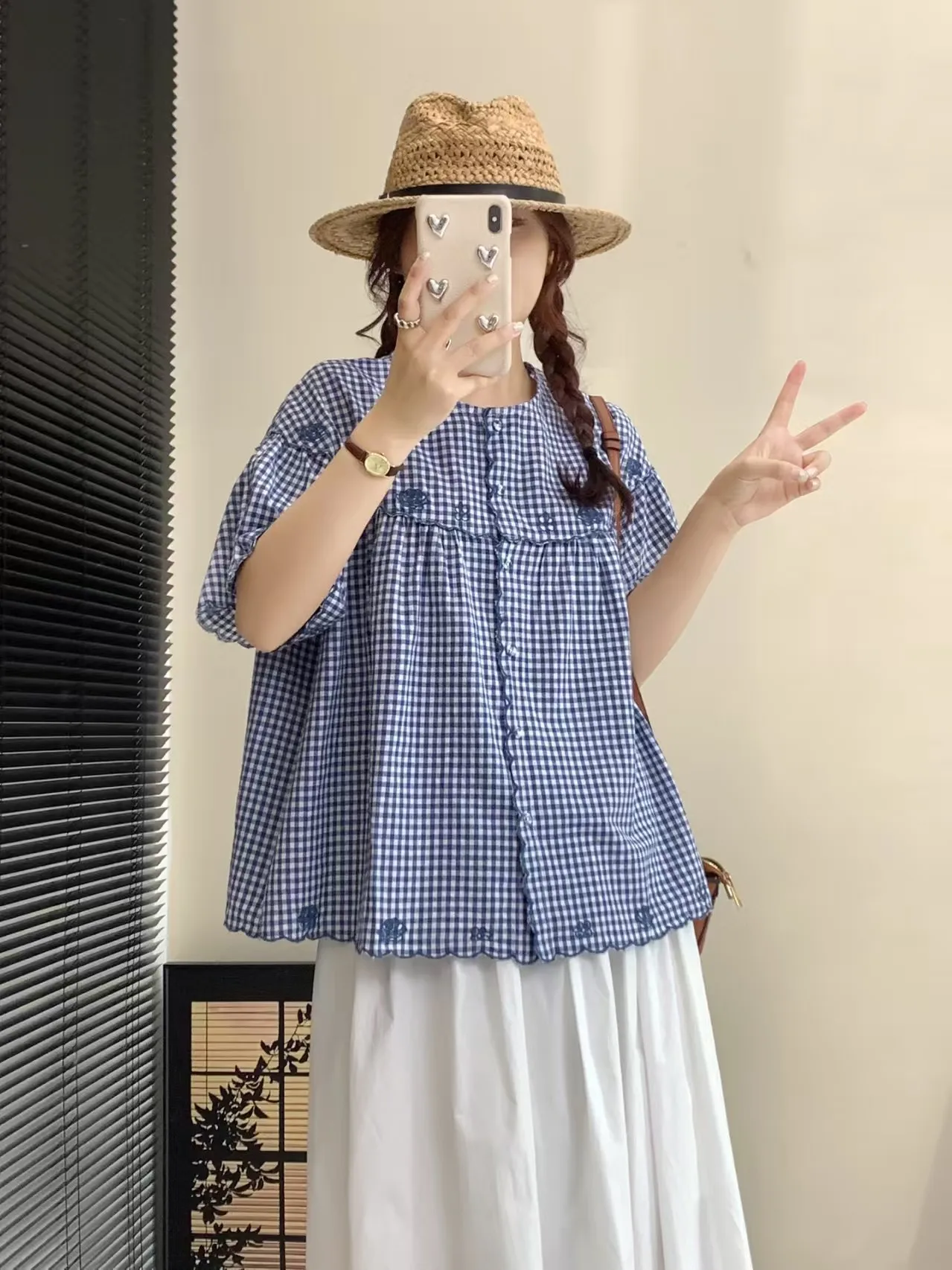 Japanese Mori Girl Style Round Neck Short Sleeve Embroidery Single-breasted Loose Sweet Versatile Plaid Shirts Tops Women Summer