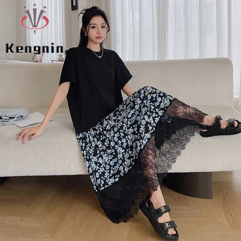 Plus Size Women Dresses for 2023 Summer Lace Patchwork Pleated Dress Loose Lady Vestido Female Robe Casual T-Shirt Dress KE3579