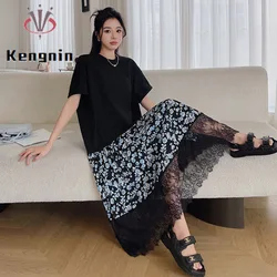Plus Size Lace Patchwork Pleated Dress Loose Casual T-Shirt Style Women's Summer 2025 Female Robe Vestido KE3579