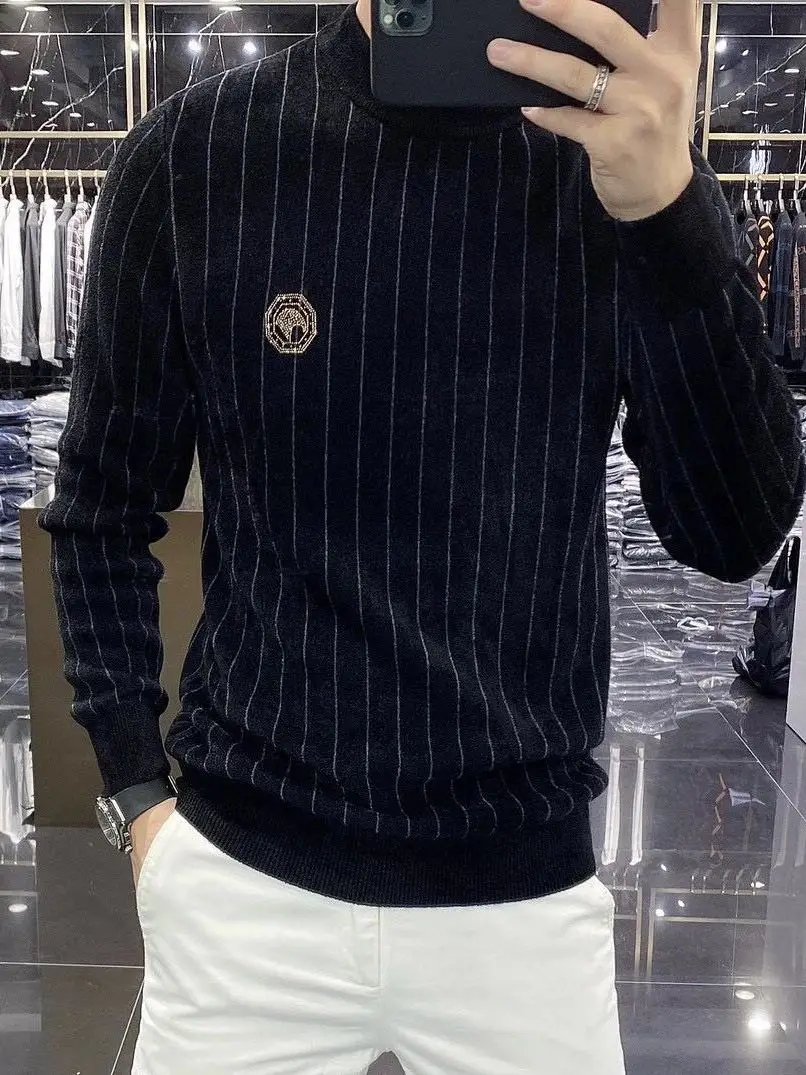 

Thiened Woolen Sweater Men's Faion Slim Fit High Collar Knitted Long Sve irt for Autumn Winter Commuting And Casual Use