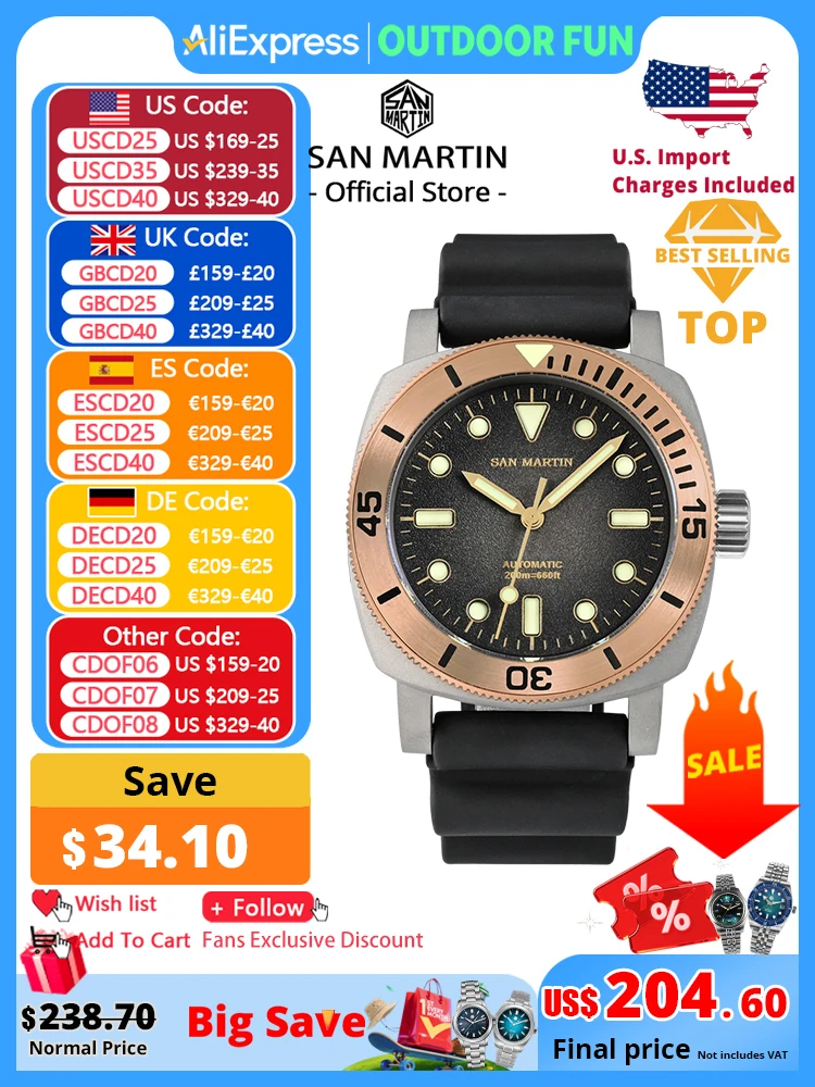 

San Martin 42mm Retro Titanium Diver Watch NH35 Automatic Men Mechanical Watches Bronze Bezel Sapphire Luminous Waterproof 200m