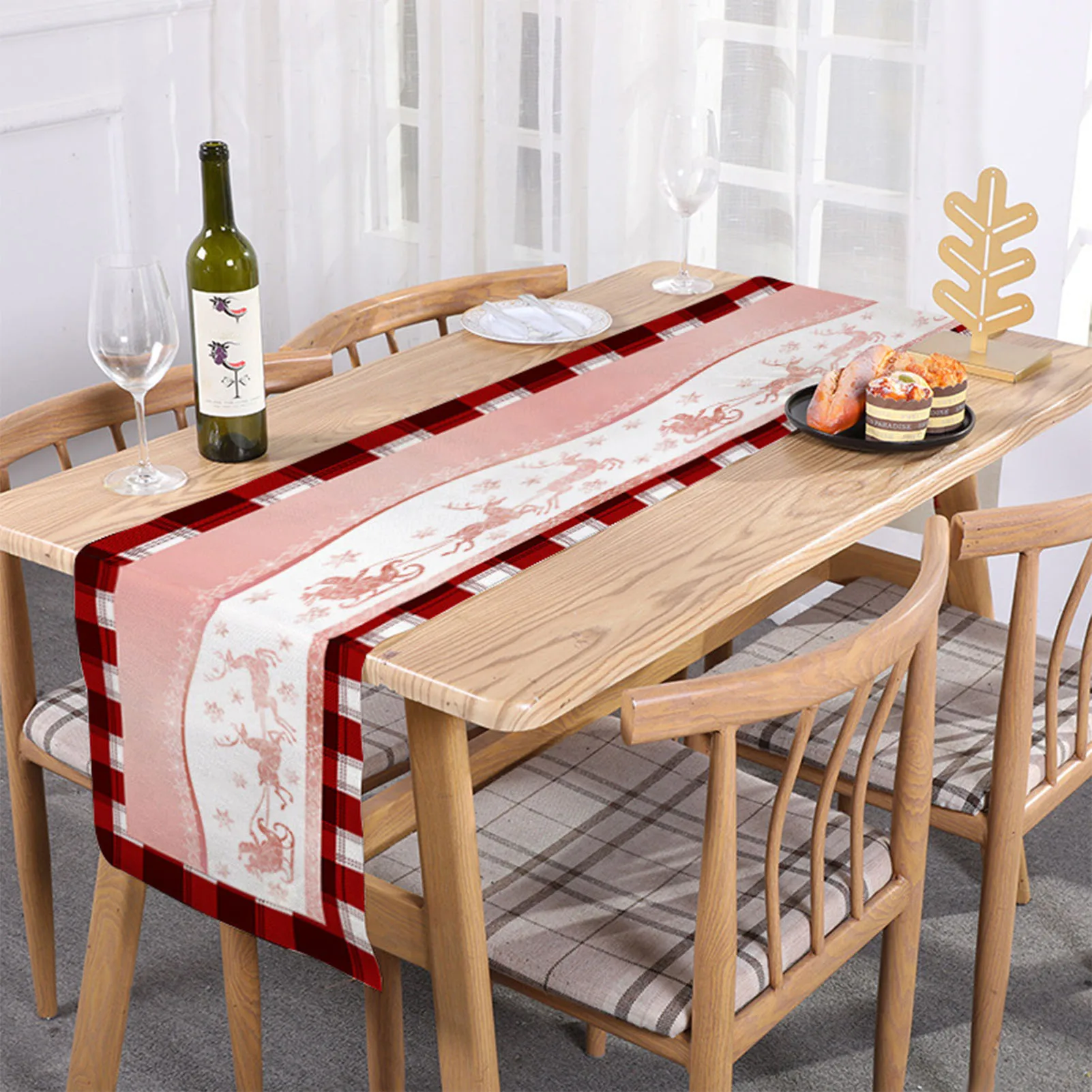 

1.73x0.33m Decoration Table Runner Christmas Element Deer Pulling Cart Pattern Tablecloth 2025 Christmas Home Decoration Props