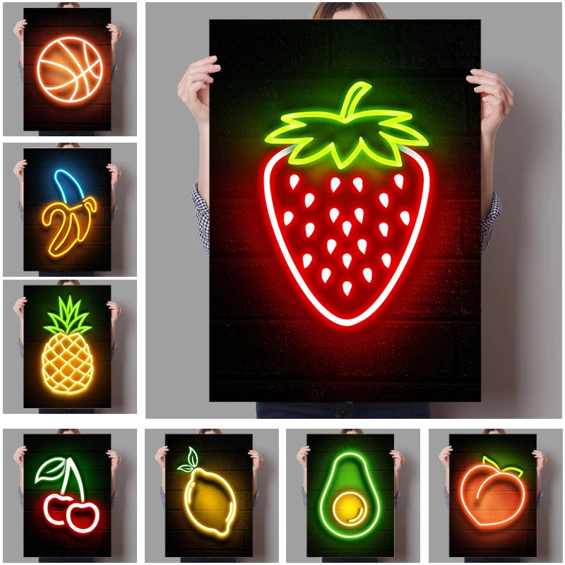 Pineapple Strawberry Banana Peach Fruit Neon Sign Poster Canvas Painting Print Wall Pictures Restaurant Kitchen Bar Room Decor