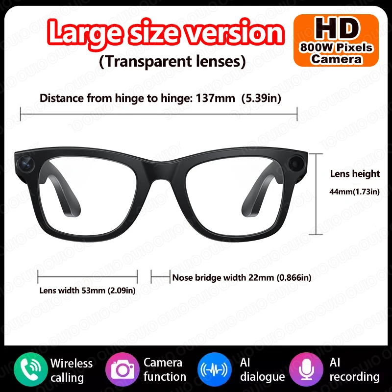 1080P HD 800W Camera Smart Glasses Video Record Translation AI Smart Touch Control Type-C Interface Smart Glasses Bluetooth Call