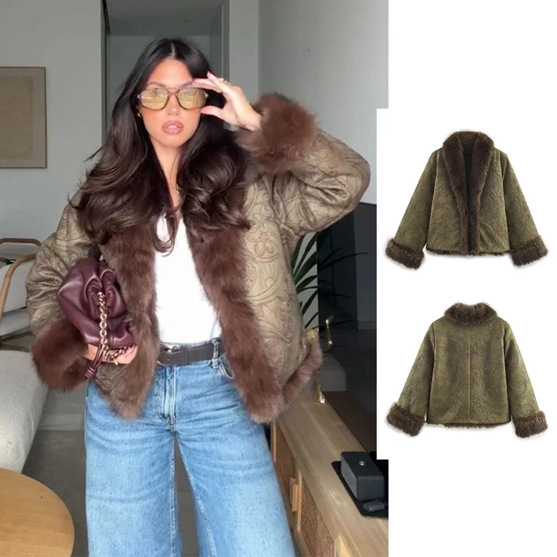 

2025 Winter Women's Fur Coat Lapel Long Sleeve Pockets Embroidery Loose Warm Outfit Jackets Streetwear Woman Army Green Cadigans