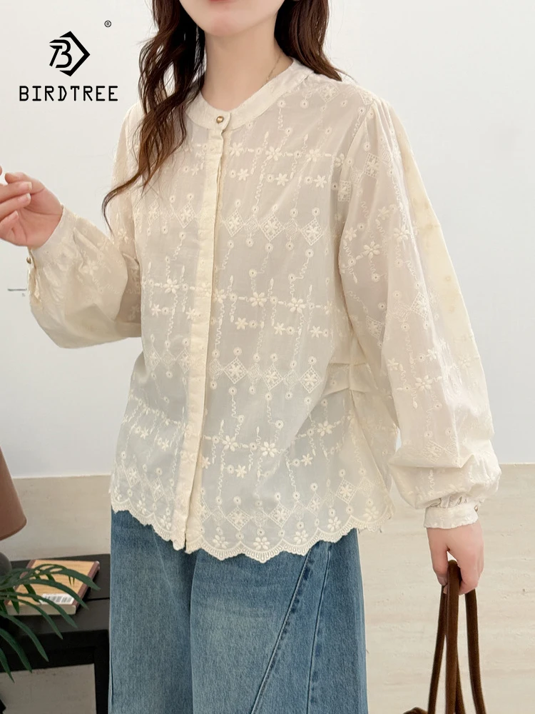 

Новинка 2026, весенняя хлопковая рубашка с длинными рукавами, женская рубашка с вышивкой на пуговицах, винтажная свободная блузка в консервативном стиле Mori Girl T5D917CC
