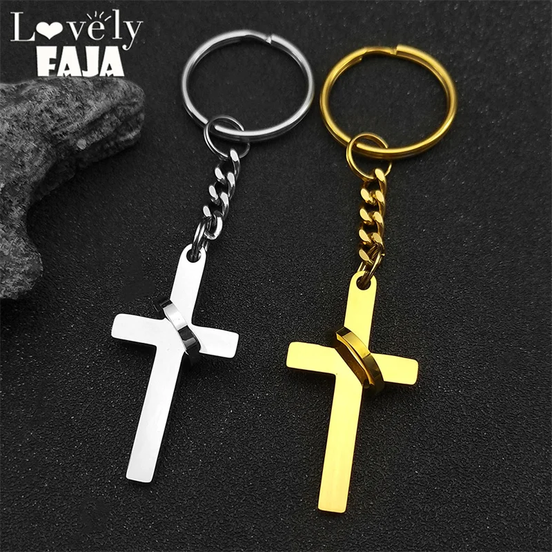 

Christian Hip Hop Stainless Steel Jesus Cross With Ring Key Chain for Women Men Gold Color Religion Key Ring Amulet Jewelry Gift