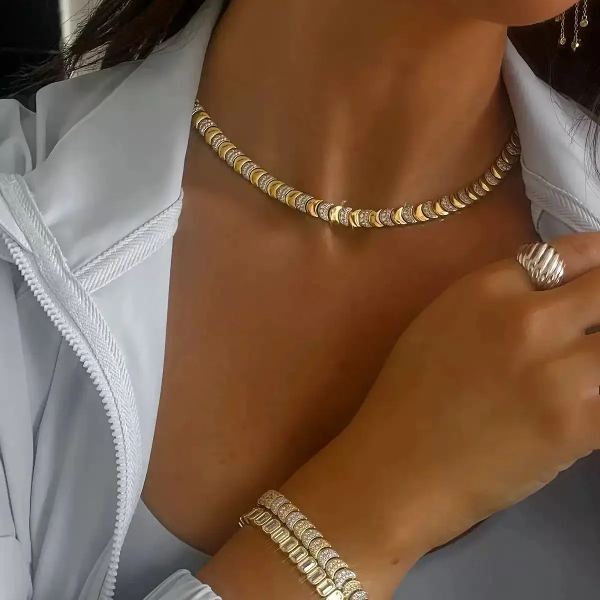 Geometric Moon Shaped Bling Cz Charm Link Chain High Polished Shiny Gold Color Metal Bracelet Necklace Fashion Women Jewelry