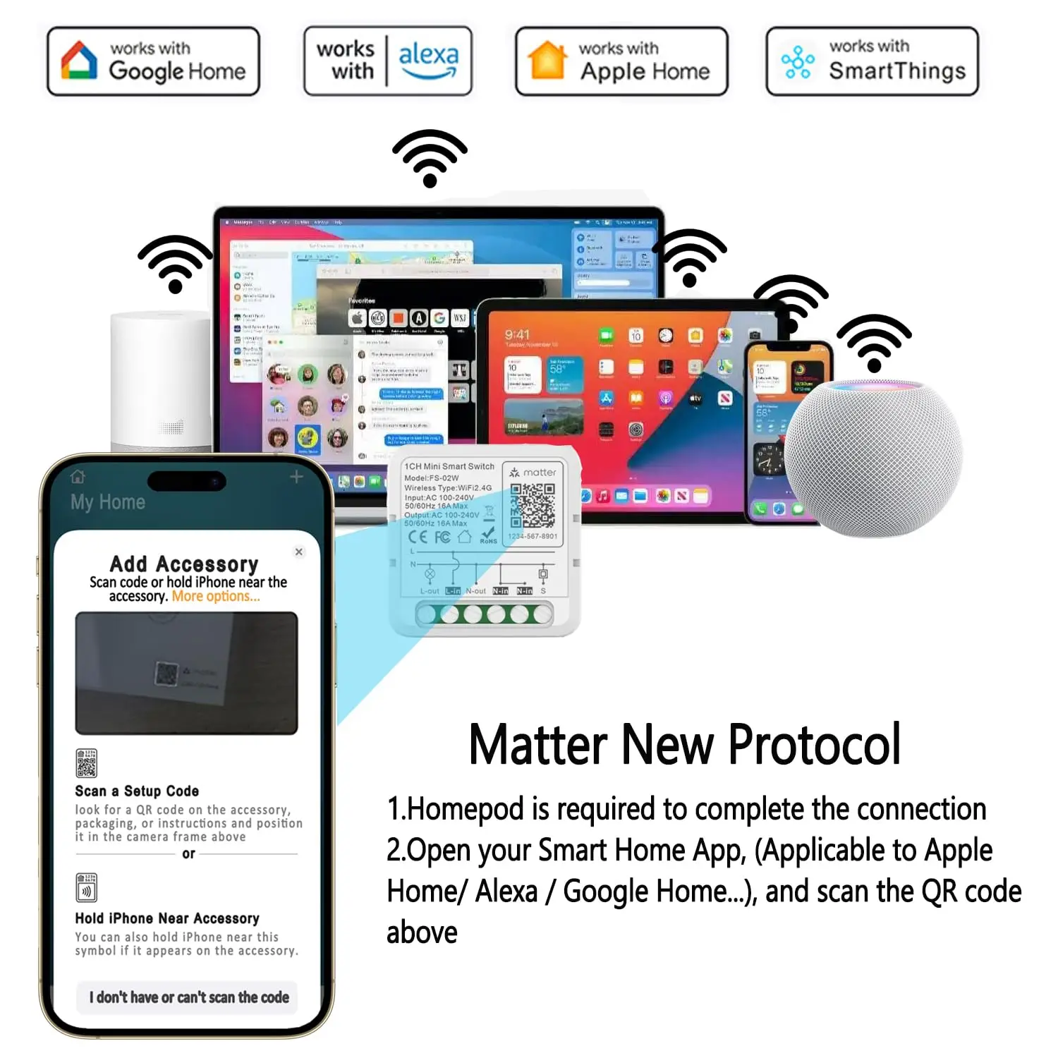 Matter WiFi Smart Switch Module Relay Circuit Breaker 2 Way Control Breake Timing Works  with Homekit Alexa Google smartTings