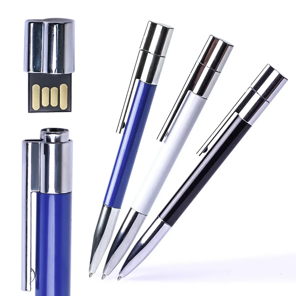 Ballpoint Pen USB Flash Drive 64GB Creative Business Gifts Memory Stick Silver Metal Pen Drive 32GB White Blue Pendrive 16GB 8GB