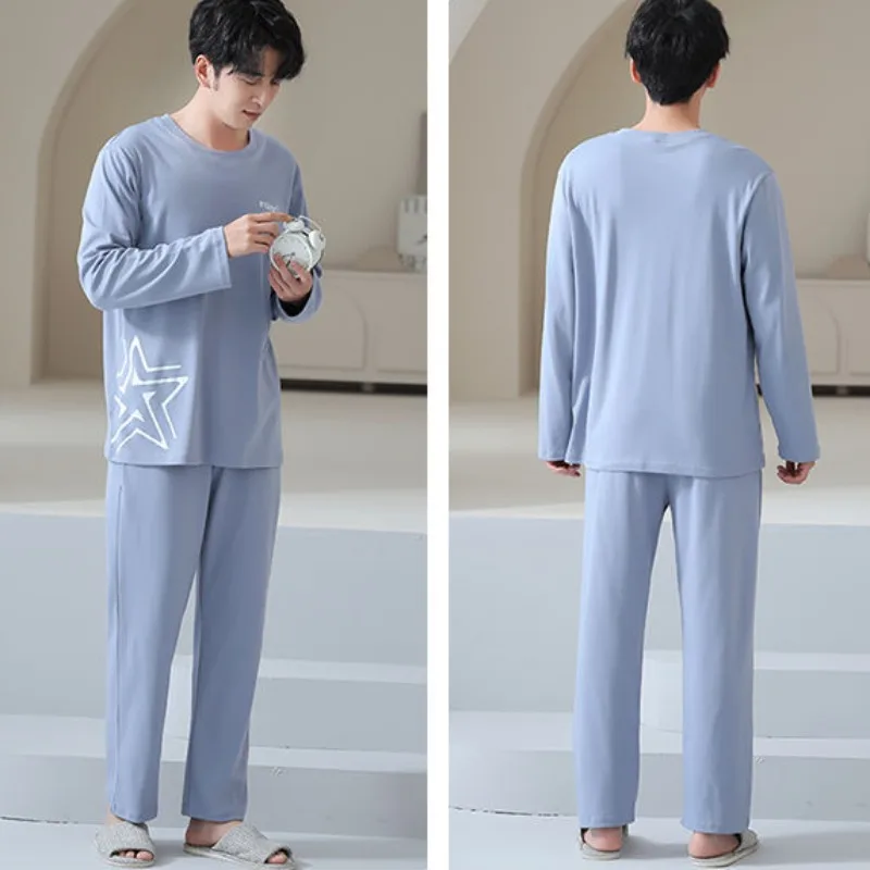 Pajama Men Plus Size Sleepwear Long-sleeved Cotton Spring Autumn Winter Homewear Suit Youth Loose Round Collar Loungewear