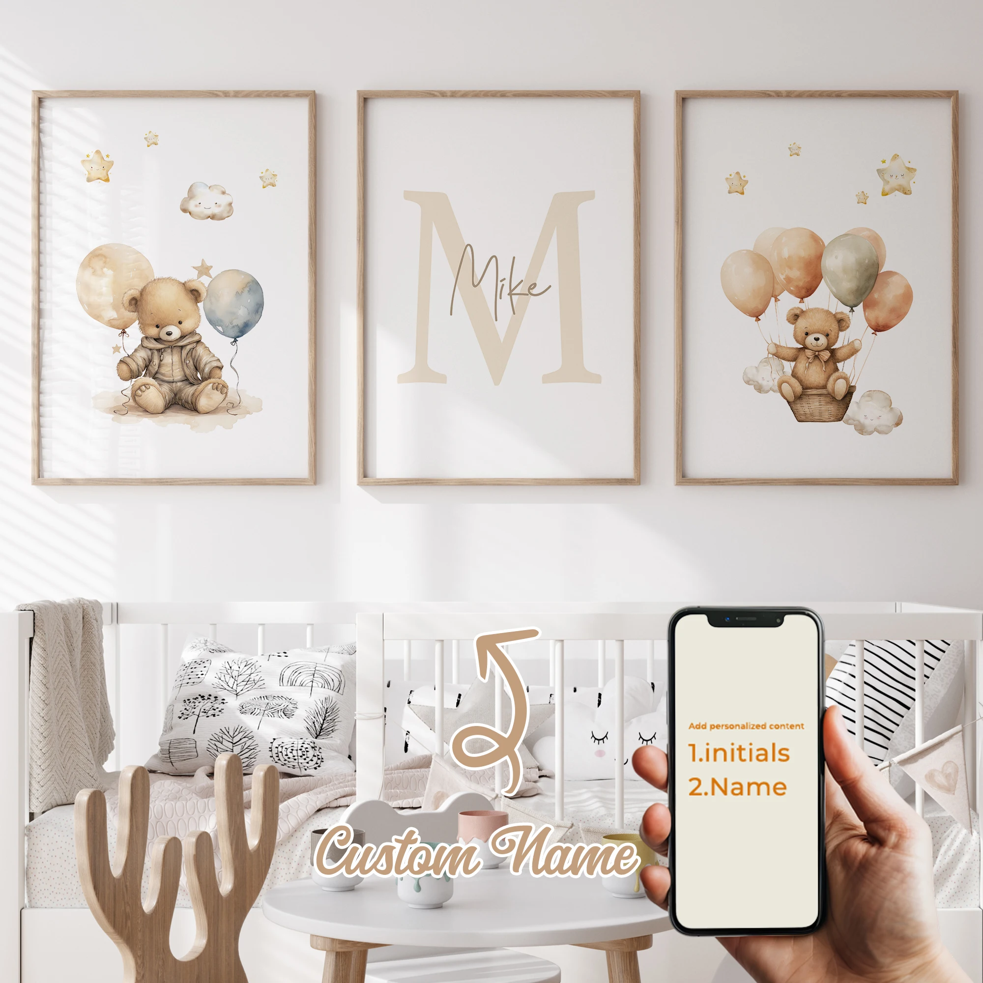 

3pcs Personalized Custom Name Cartoon Teddy Bear Wall Art Print Picture Canvas Poster Painting For Living Room Home Decor Gift