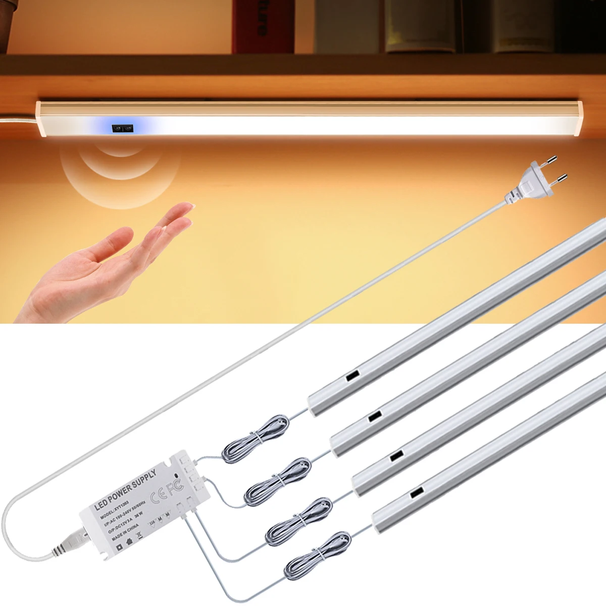 

1-6PCS Aluminum LED Light Bar Under Cabinet Light Hand Scan Sensor Switch 30/40/50CM for Kitchen Wardrobe Indoor Night Lighting