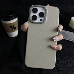 Matte Titanium gray Lichee leather pattern phone case for iPhone 16 15 14 13 12 11 Pro Max metal lens frame shockproof hard case