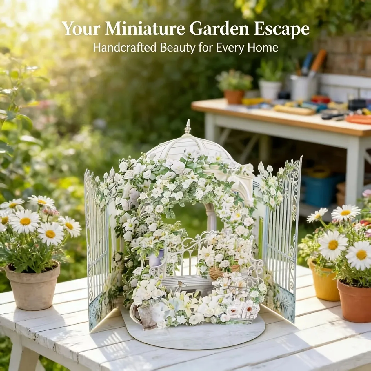 

White Rose Garden 3D Pop-up Greeting Card, Spring Daisy Garden, Perfect Wedding Invitation with Green Ribbon, Birthday Card Gift