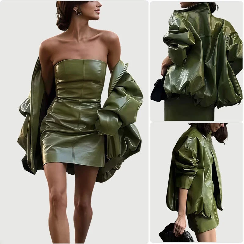 

Women's Leather Jaet Dr Set Faionable Pure Color Sle Long Sve Splicing Proc Autumn Season European Sle